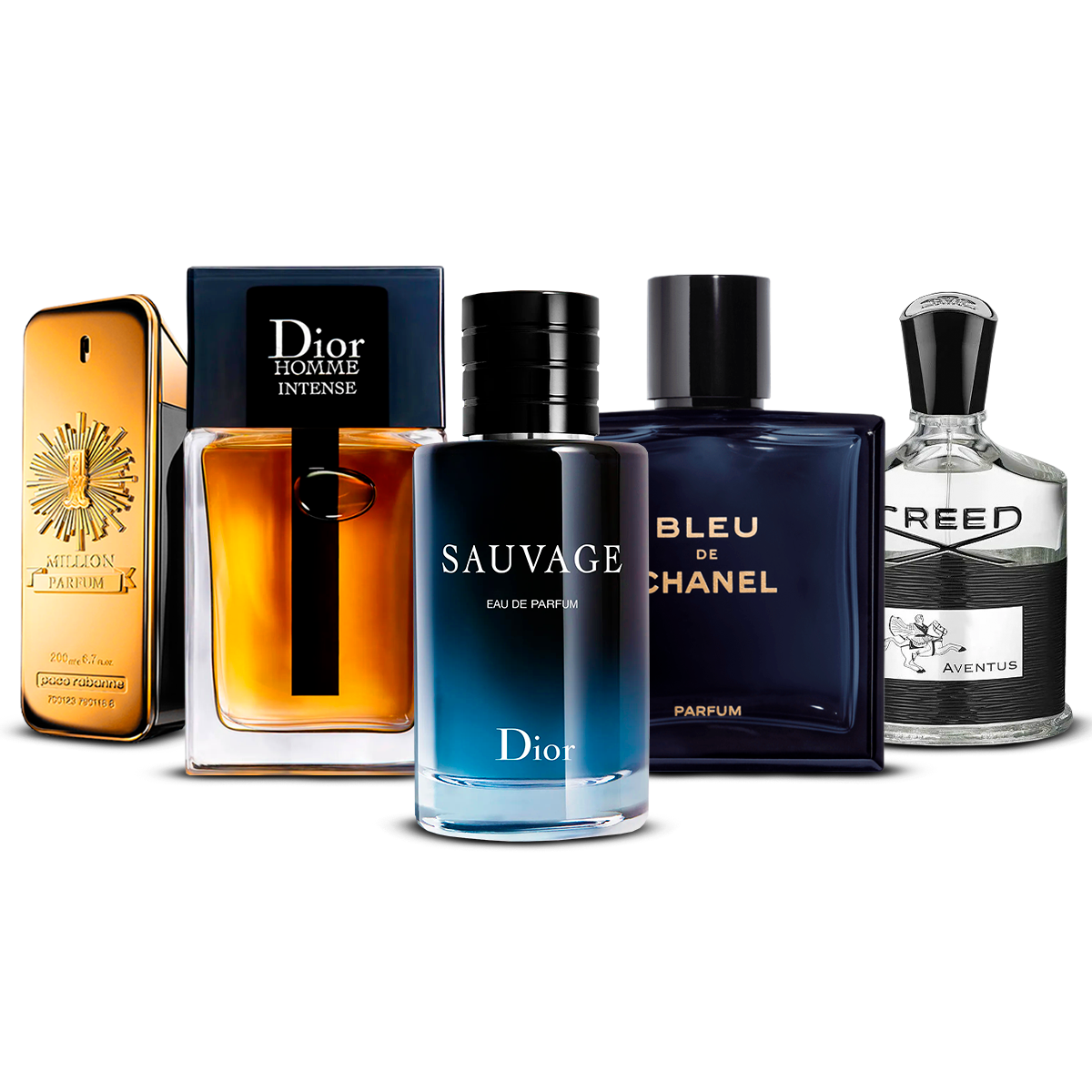 Kombination aus 5 Herrenparfums – 1 Million, Dior Homme Intense, Sauvage, Bleu de Chanel und Creed Aventus [100 ml jeweils]
