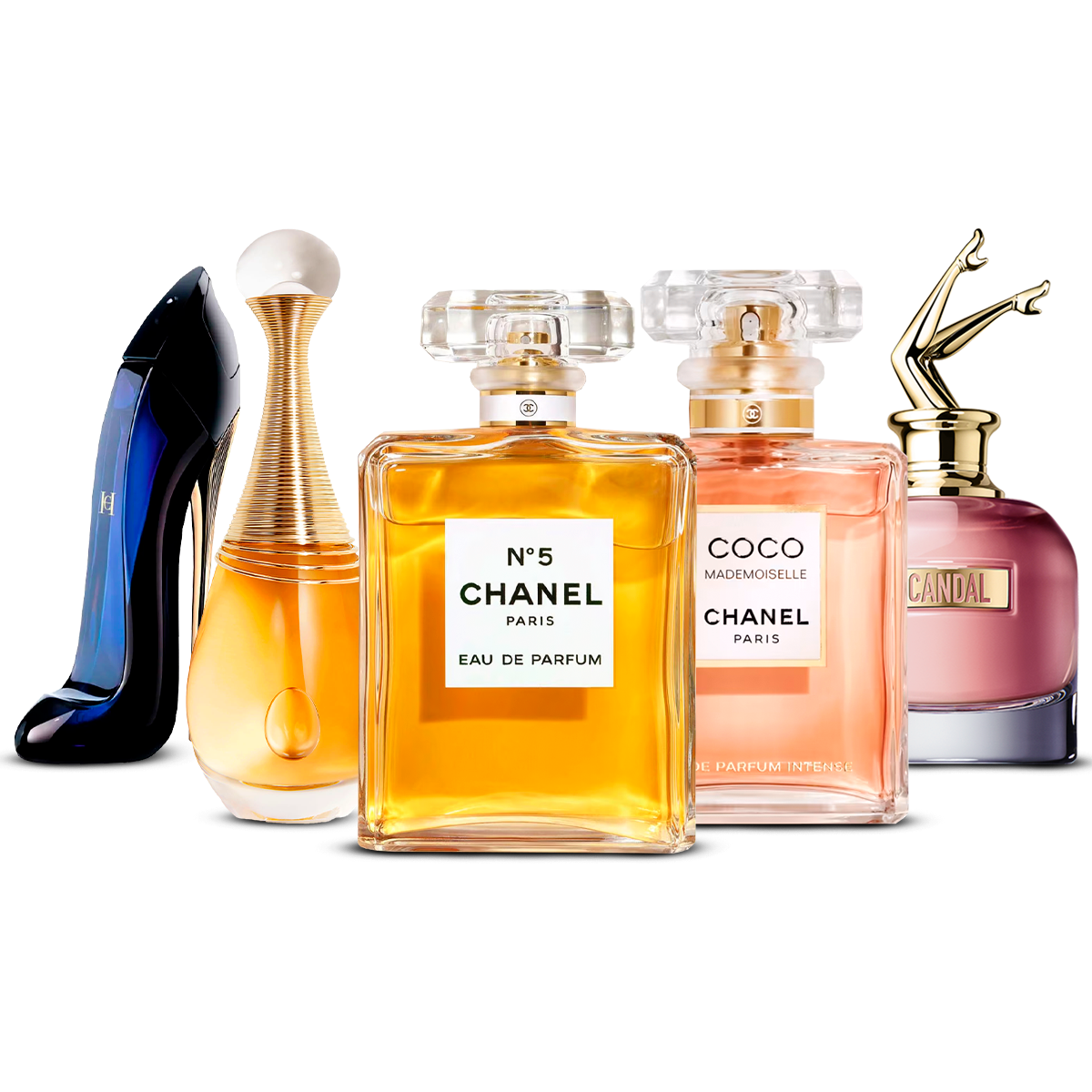 Kombination aus 5 Damendüften – Good Girl, J'adore, Chanel Nº5, Coco Mademoiselle und Scandal [jeweils 100 ml]