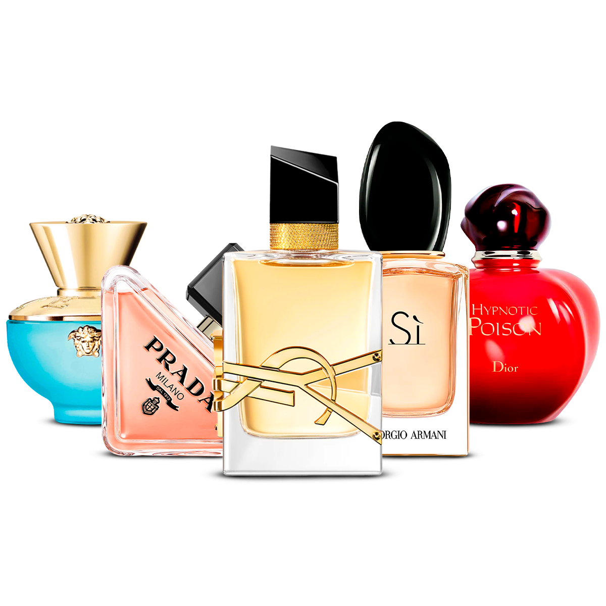 Kombination aus 5 Damendüften – Versace Dylan Turquoise, Prada Paradoxe, Yves Saint Laurent Libre, Giorgio Armani Sì und Dior Hypnotic Poison [100 ml jeweils]