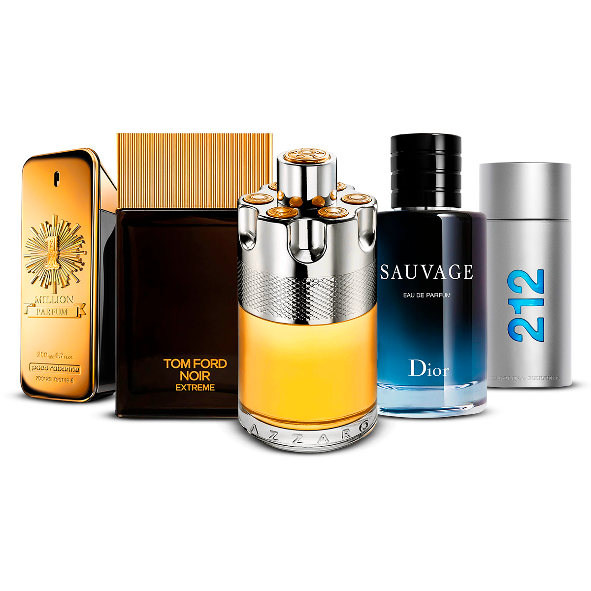 Kombination aus 5 Herrenparfums – 1 Million, Tom Ford Noir Extrême, Azzaro Wanted, Sauvage und 212 Men [jeweils 100 ml]