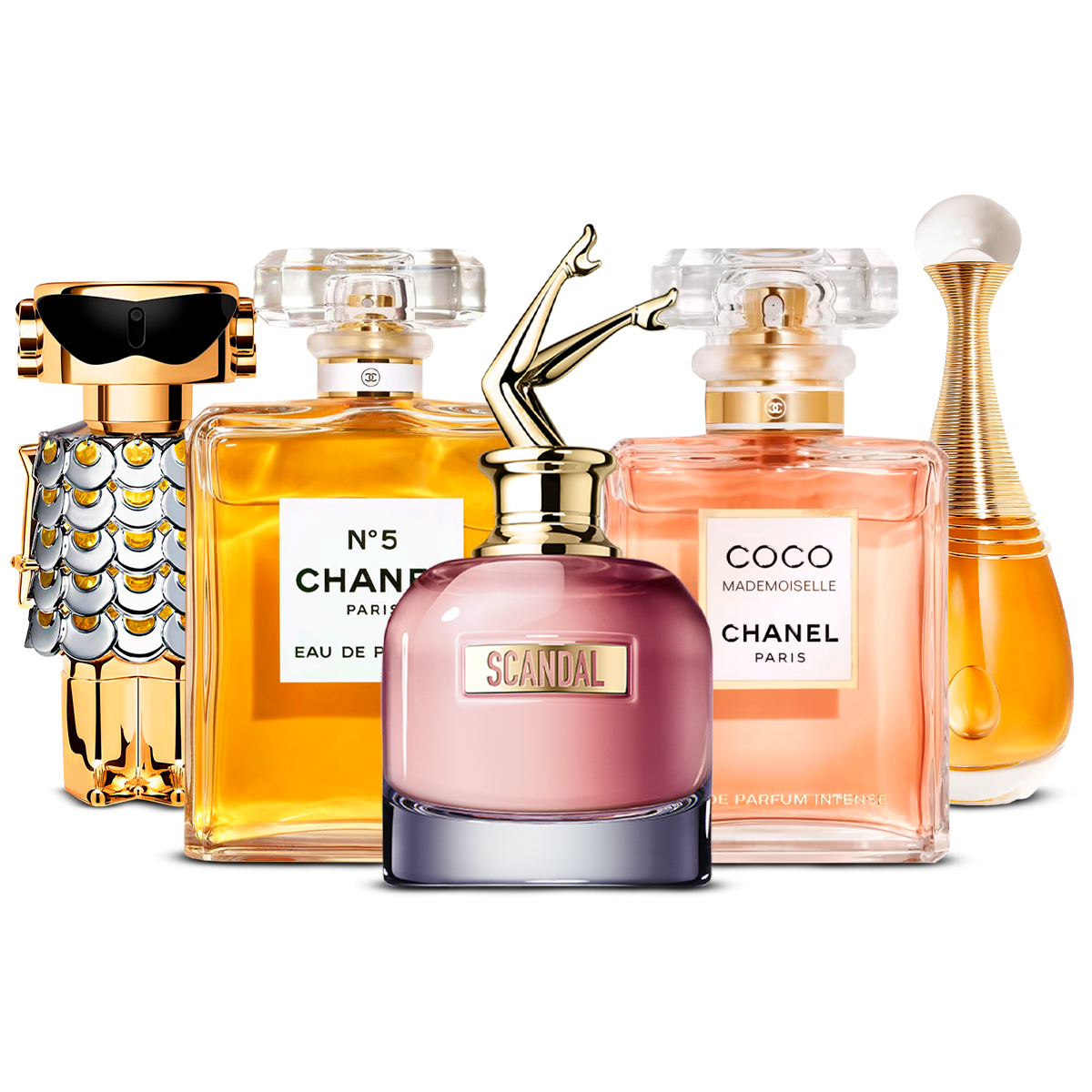 Kombination aus 5 Damenparfums – Fame, Chanel Nº5, Scandal, Coco Mademoiselle und J'adore [je 100 ml]