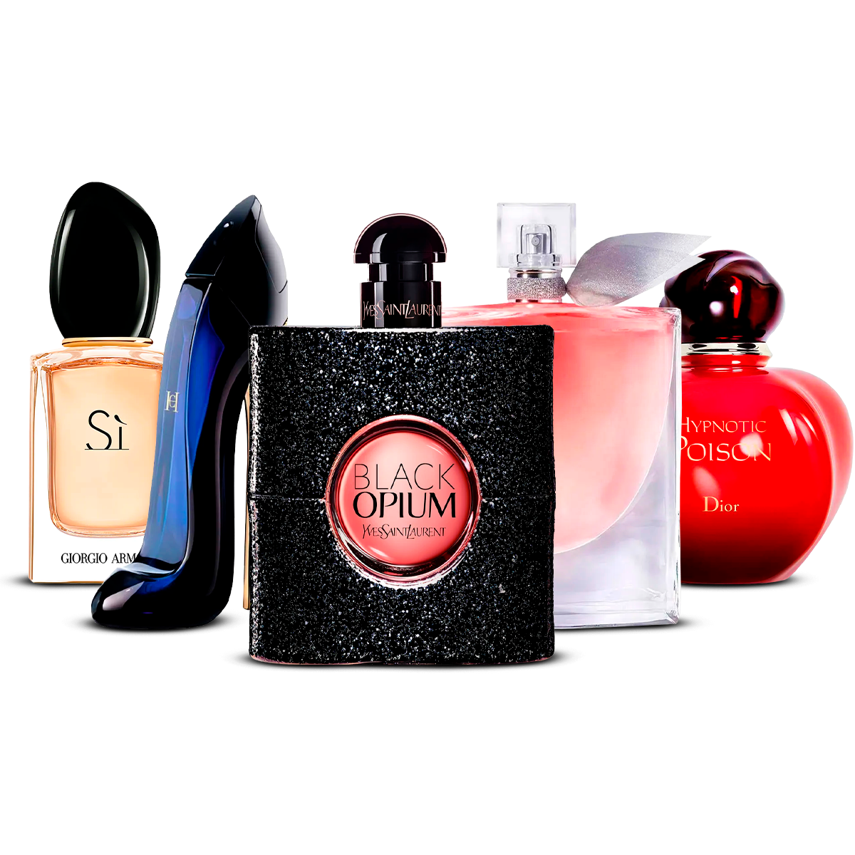 Kombination aus 5 Damendüften – Sì, Good Girl, Black Opium, La Vie Est Belle und Hypnotic Poison [100 ml jeweils]