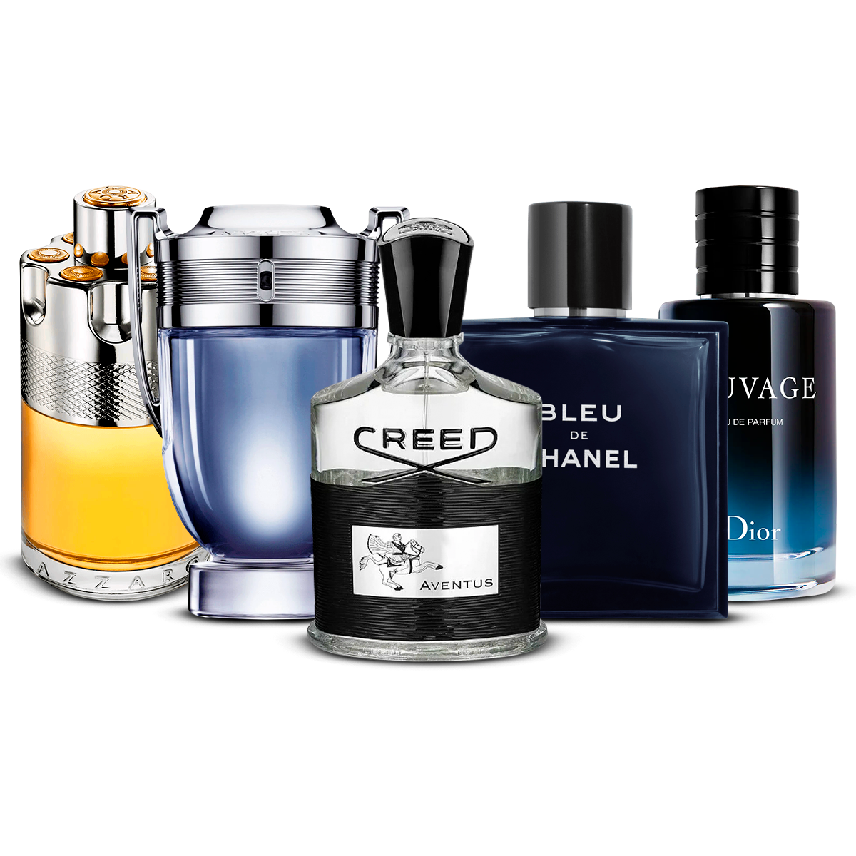 Kombination aus 5 Herrenparfums – Azzaro Wanted, Invictus, Creed Aventus, Bleu de Chanel und Sauvage [100 ml jeweils]