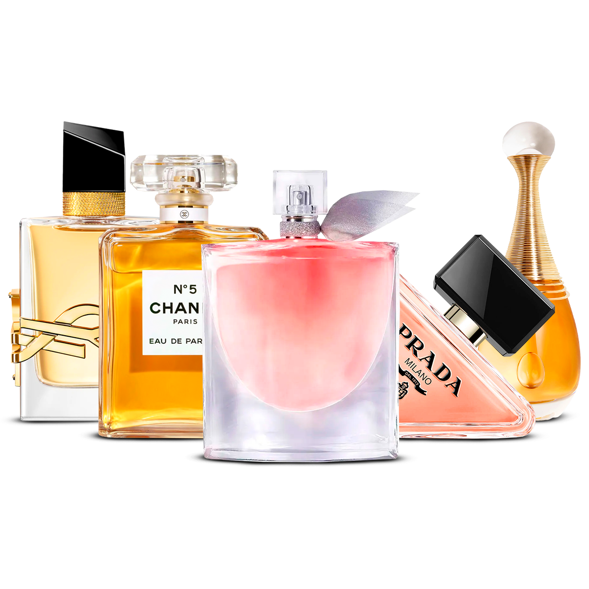 Kombination aus 5 Damendüften – Yves Saint Laurent Libre, Chanel Nº5, La Vie Est Belle, Prada Paradoxe und J'adore [100 ml jeweils]